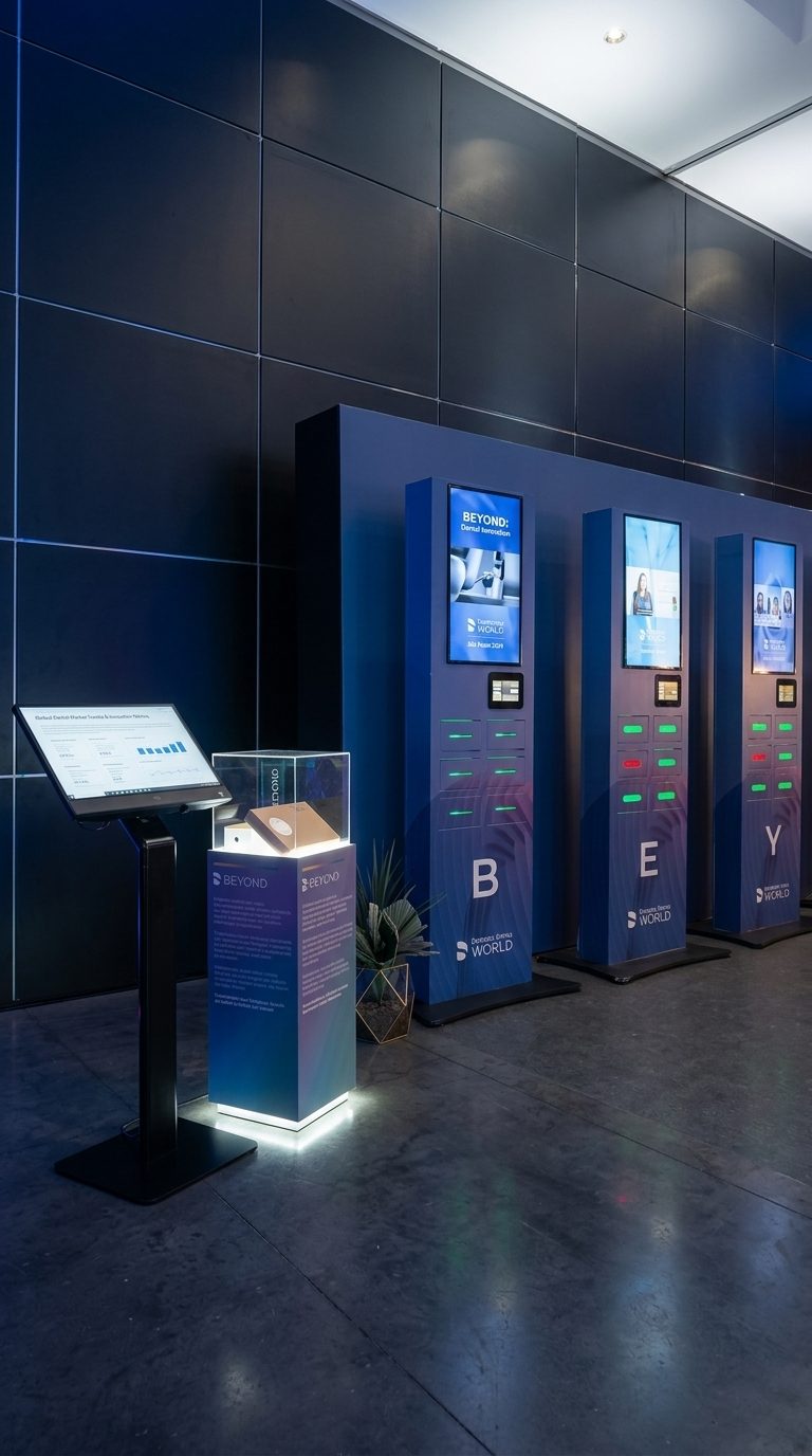 Múltiplos totens Charge Power em instalação corporativa do evento Beyond Dentsply World