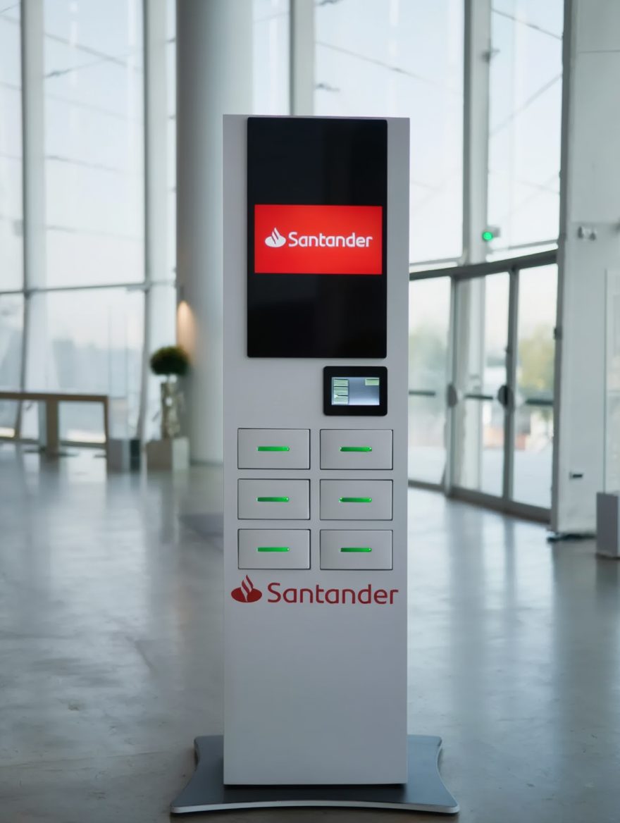 Totem Charge Power personalizado Santander instalado em lobby corporativo