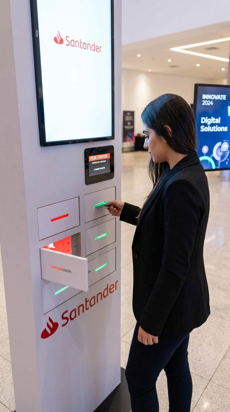 Usuária retirando celular de totem Charge Power personalizado Santander com gaveta aberta
